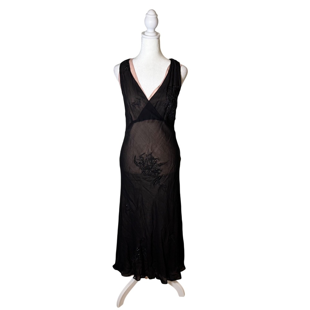 Vintage Fairy Grunge Black Mesh Beaded Embroidered Slip Dress Size L Whimsigoth